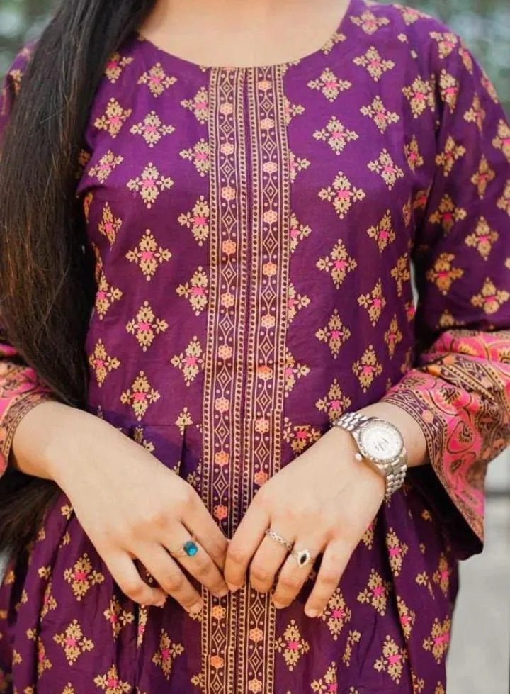 Stylish Printed Silk Frock and Trouser Set - 2 Pcs