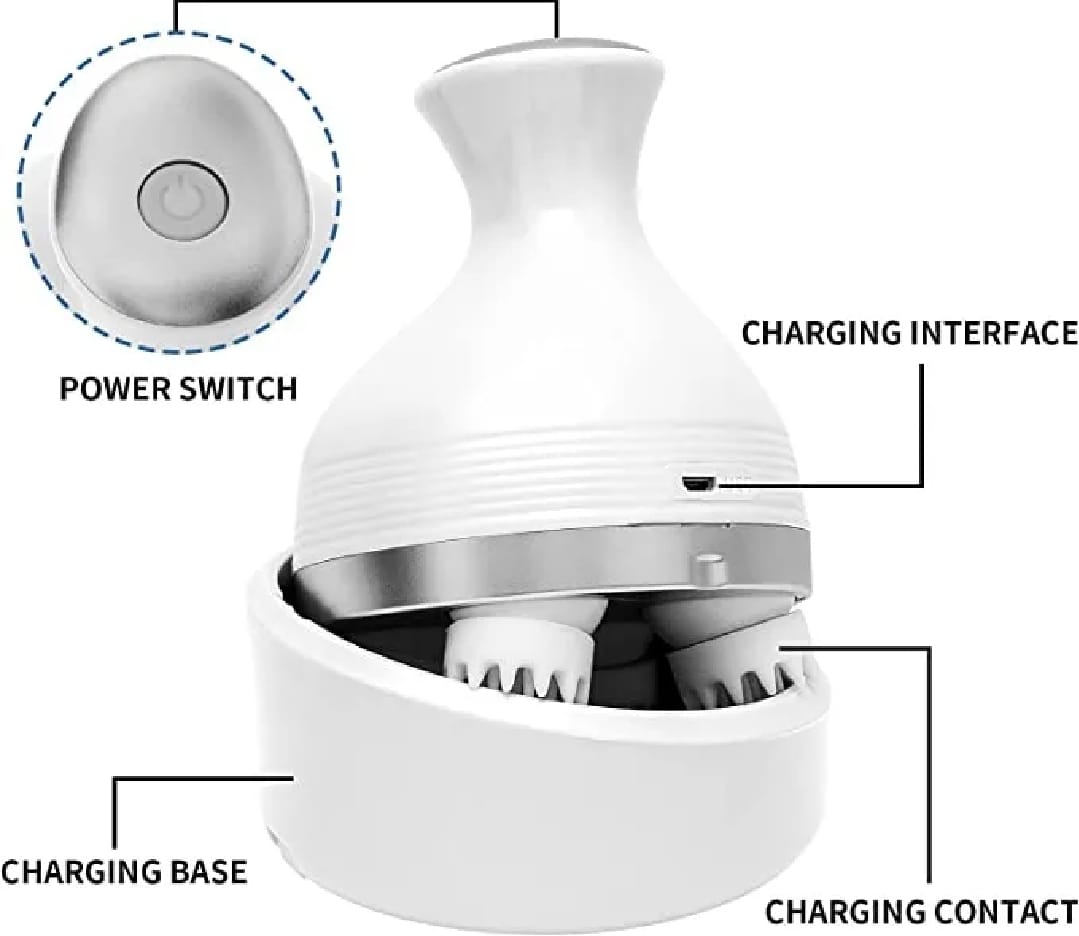 Electric Scalp Massager with 4 Tissue Kneading Nodes – Waterproof Handheld Head & Full Body Massager for Stress Relief