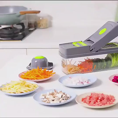 16-In-1 Multifunctional Vegetable Chopper & Slicer with Colander Basket and Storage Container – Heavy Duty Manual Food Cutter
