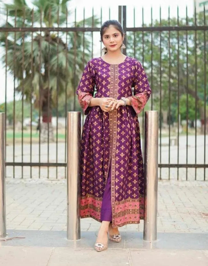 Stylish Printed Silk Frock and Trouser Set - 2 Pcs
