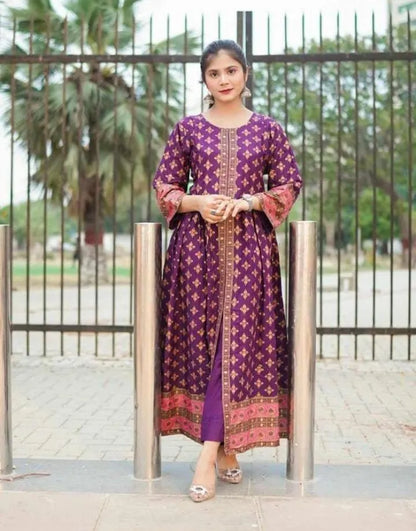 Stylish Printed Silk Frock and Trouser Set - 2 Pcs