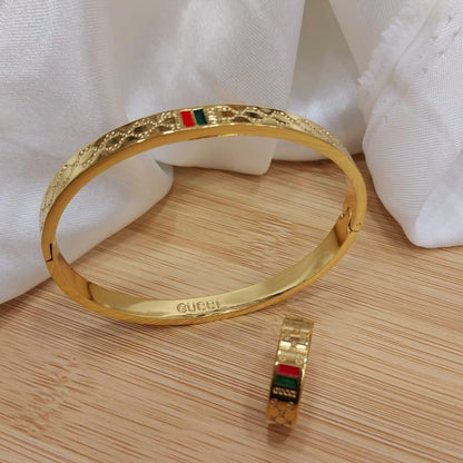 Gold Plated Gucci Stainless Steel Bangles And A Matching Ring Providing Elegant Design Everyday Fashion Support