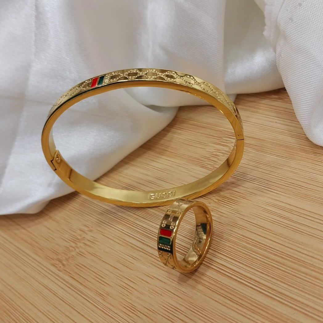 Gold Plated Gucci Stainless Steel Bangles And A Matching Ring Providing Elegant Design Everyday Fashion Support