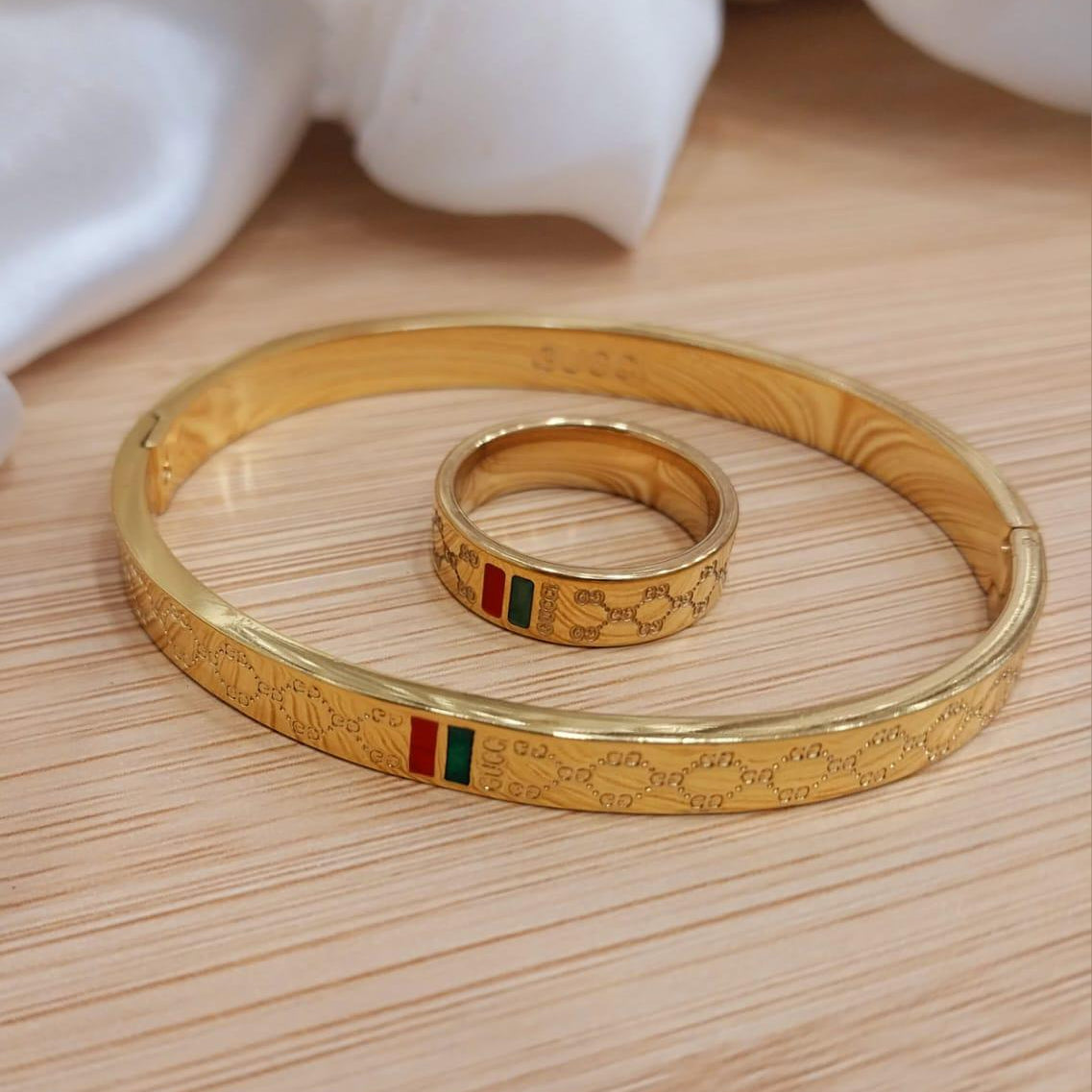 Gold Plated Gucci Stainless Steel Bangles And A Matching Ring Providing Elegant Design Everyday Fashion Support