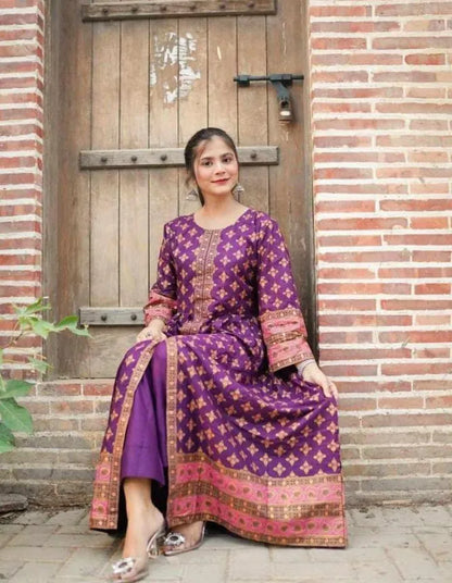 Stylish Printed Silk Frock and Trouser Set - 2 Pcs
